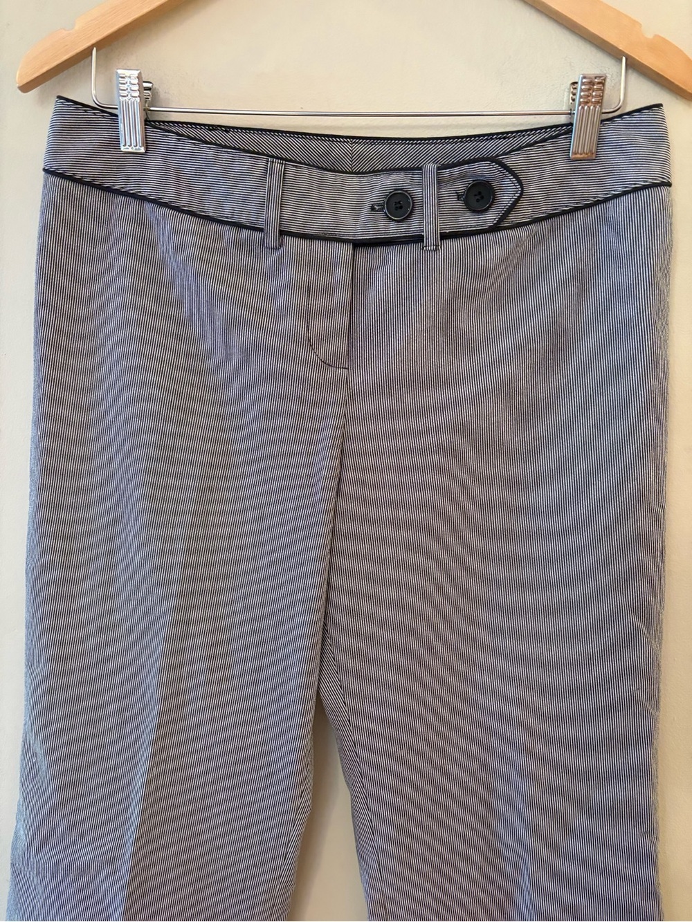 Cleo Micro Stripe wide leg Dress Pants Black Gray with Button Waist Detail, Sz 8
